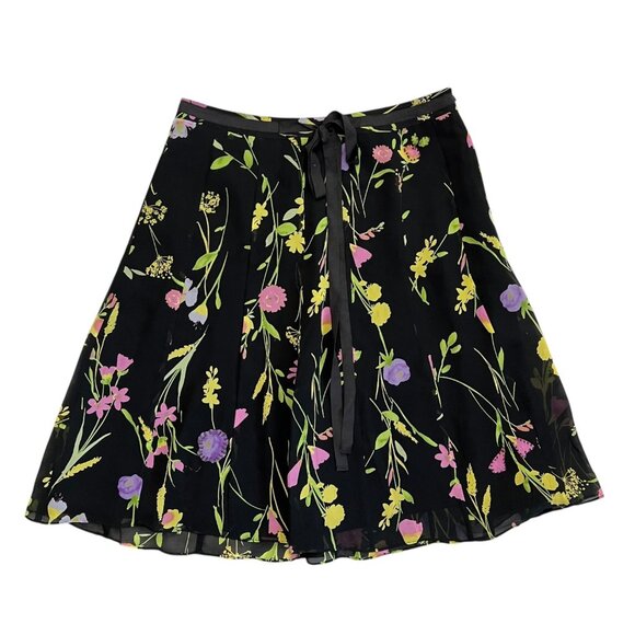 Vintage Dresses & Skirts - Vintage Silk Chiffon Beaded Floral Knee Length Skirt Black Size 12 Preppy Twee